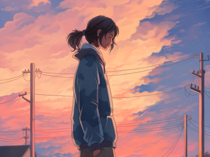 girl against the background of the setting sun - clouds