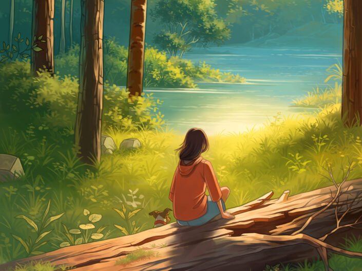 girl sitting on a tree trunk