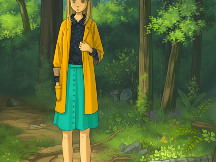 girl in the forest with a squirrel